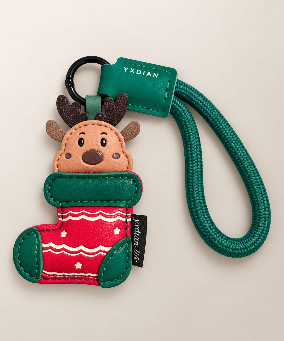 Reindeer Stocking Christmas PU leather bag charm keychain in red and green