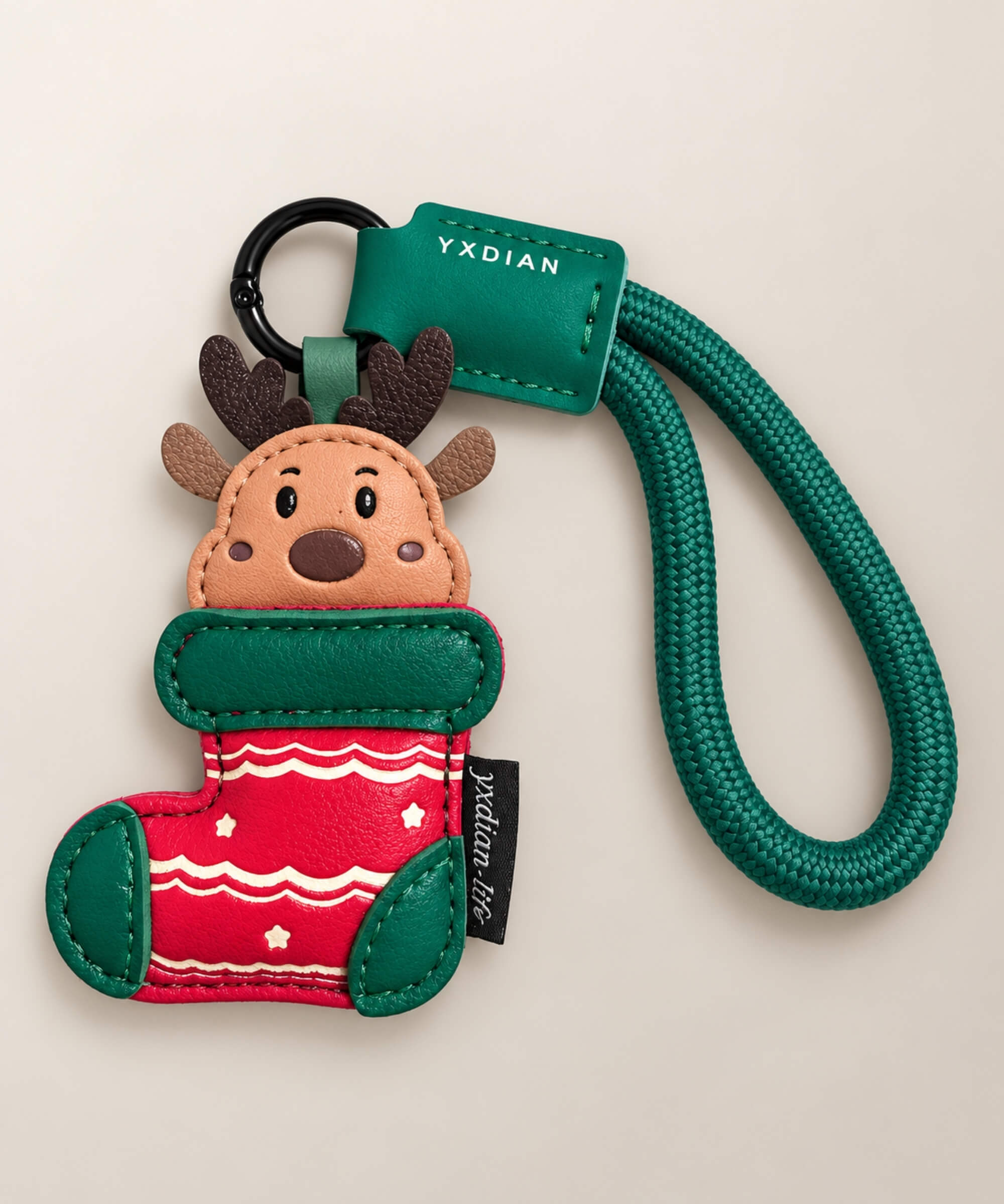 Reindeer Stocking Christmas PU leather bag charm keychain in red and green