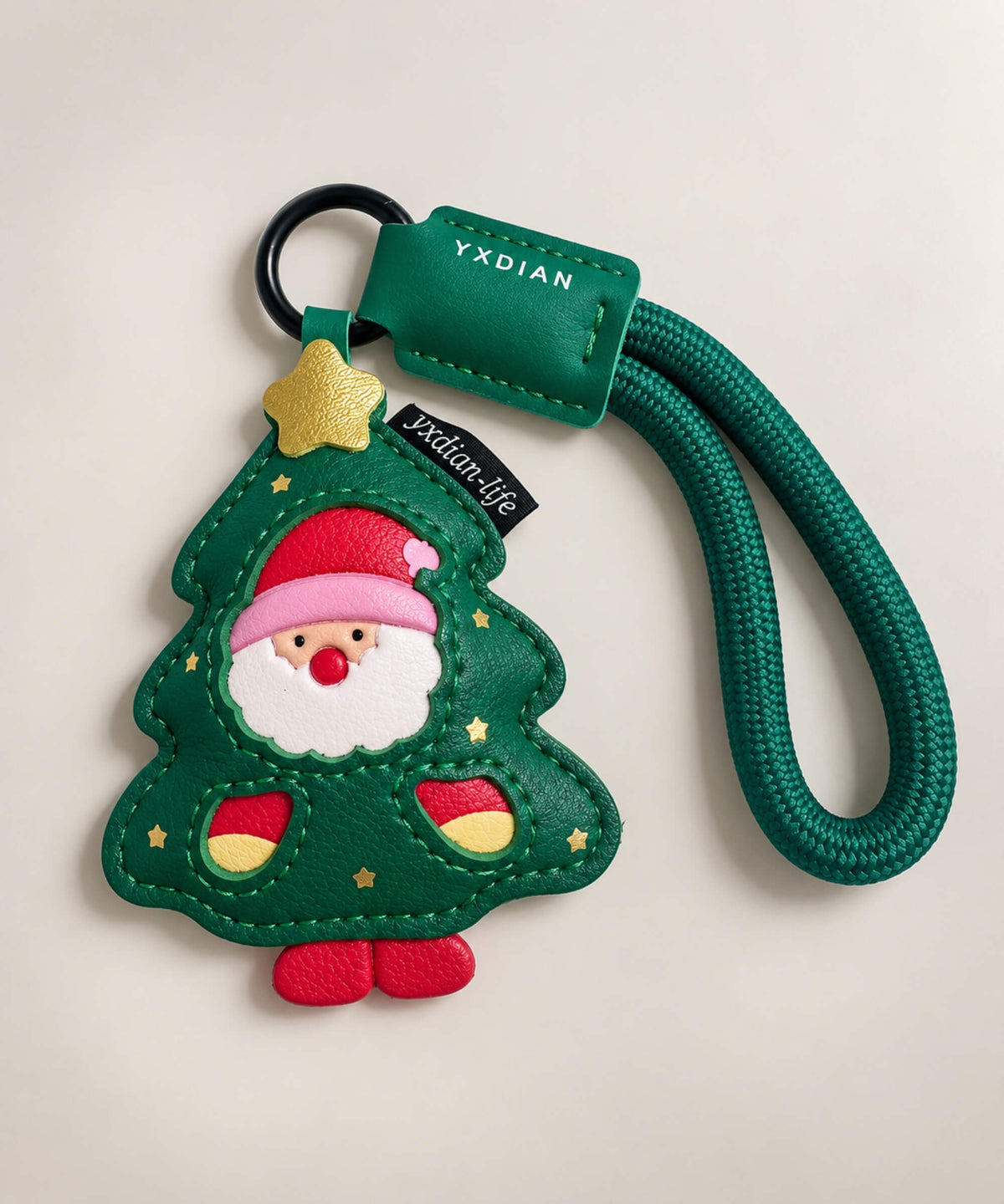 Santa Christmas Tree PU leather bag charm keychain with festive red and green details