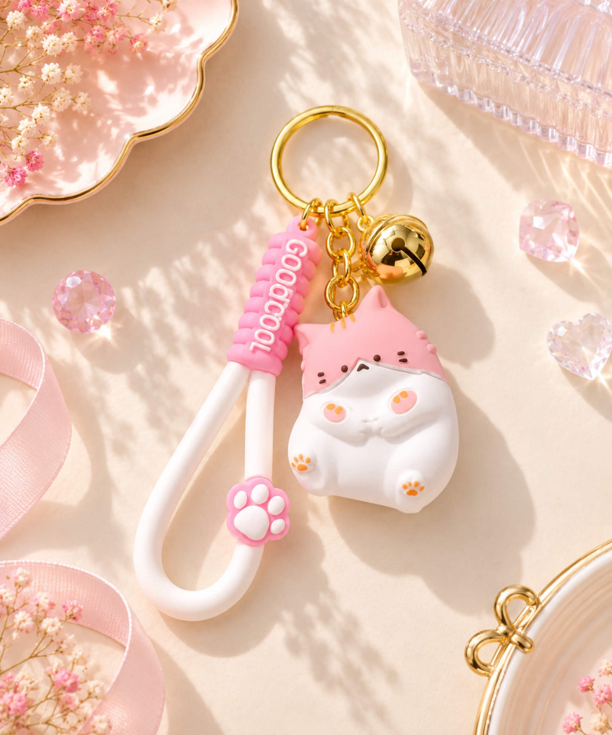 Chubby cat resin keychain with pink and white cat design, wrist strap, bell and gold-tone hardware