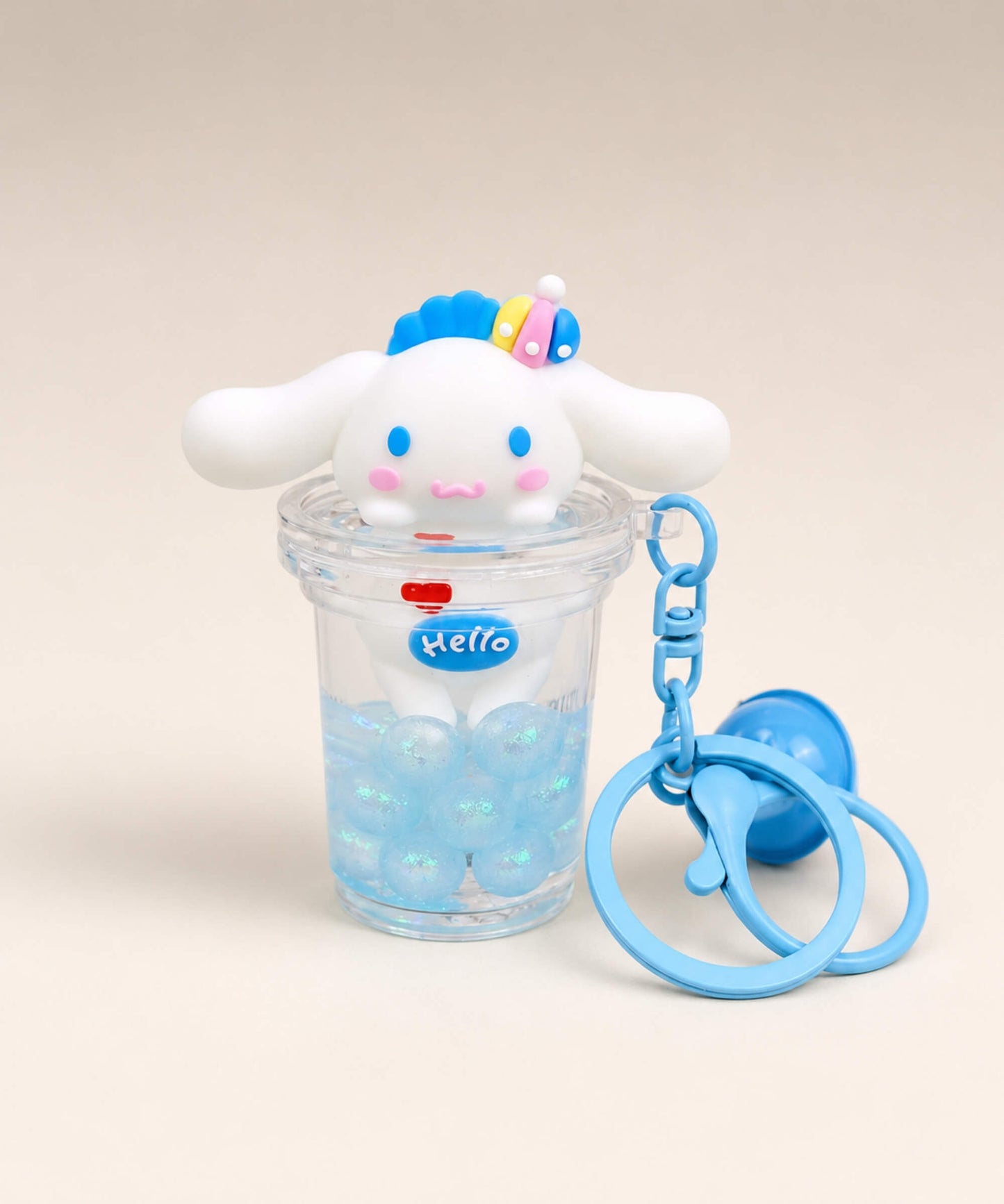 Cinnamoroll bubble tea liquid keychain with blue glitter beads and blue clip