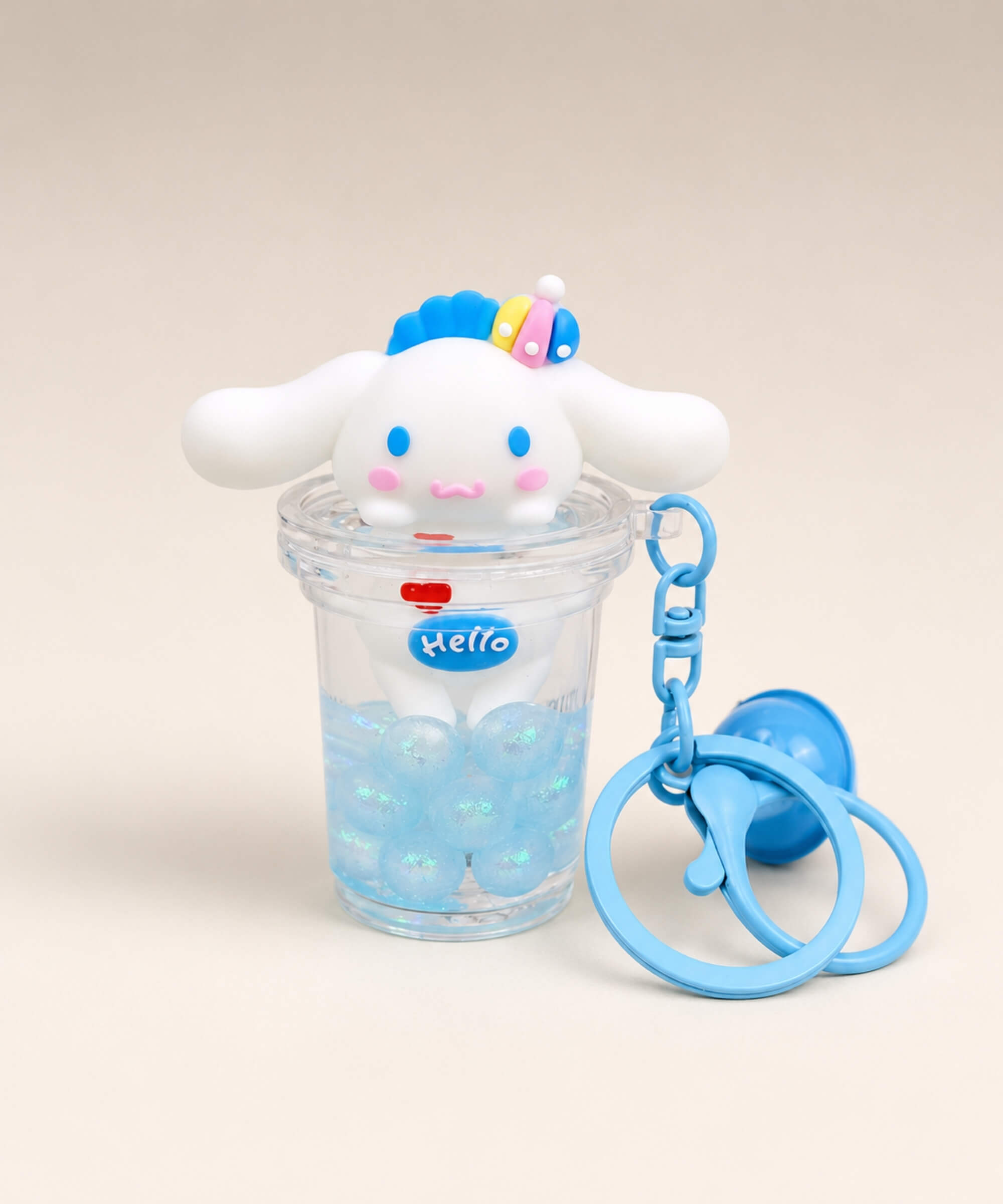 Cinnamoroll bubble tea liquid keychain with blue glitter beads and blue clip