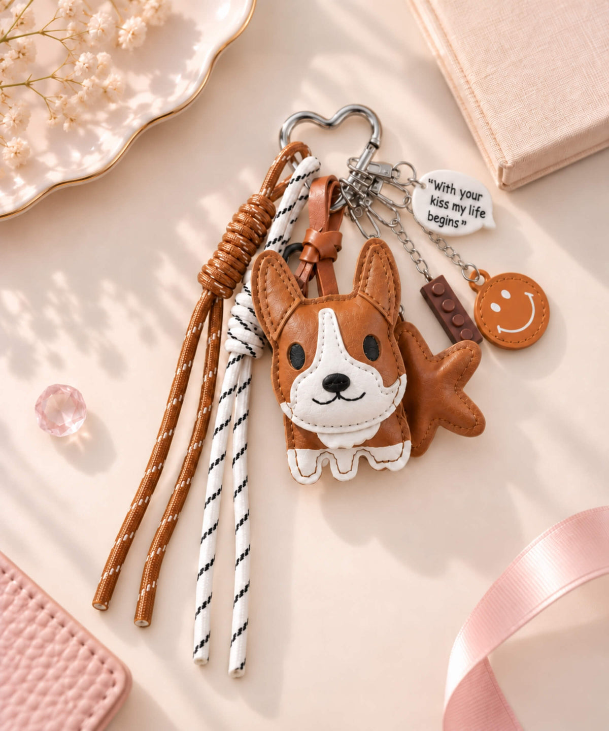 Brown and white Corgi PU leather bag charm keychain with quote charm, smiley charm and rope straps