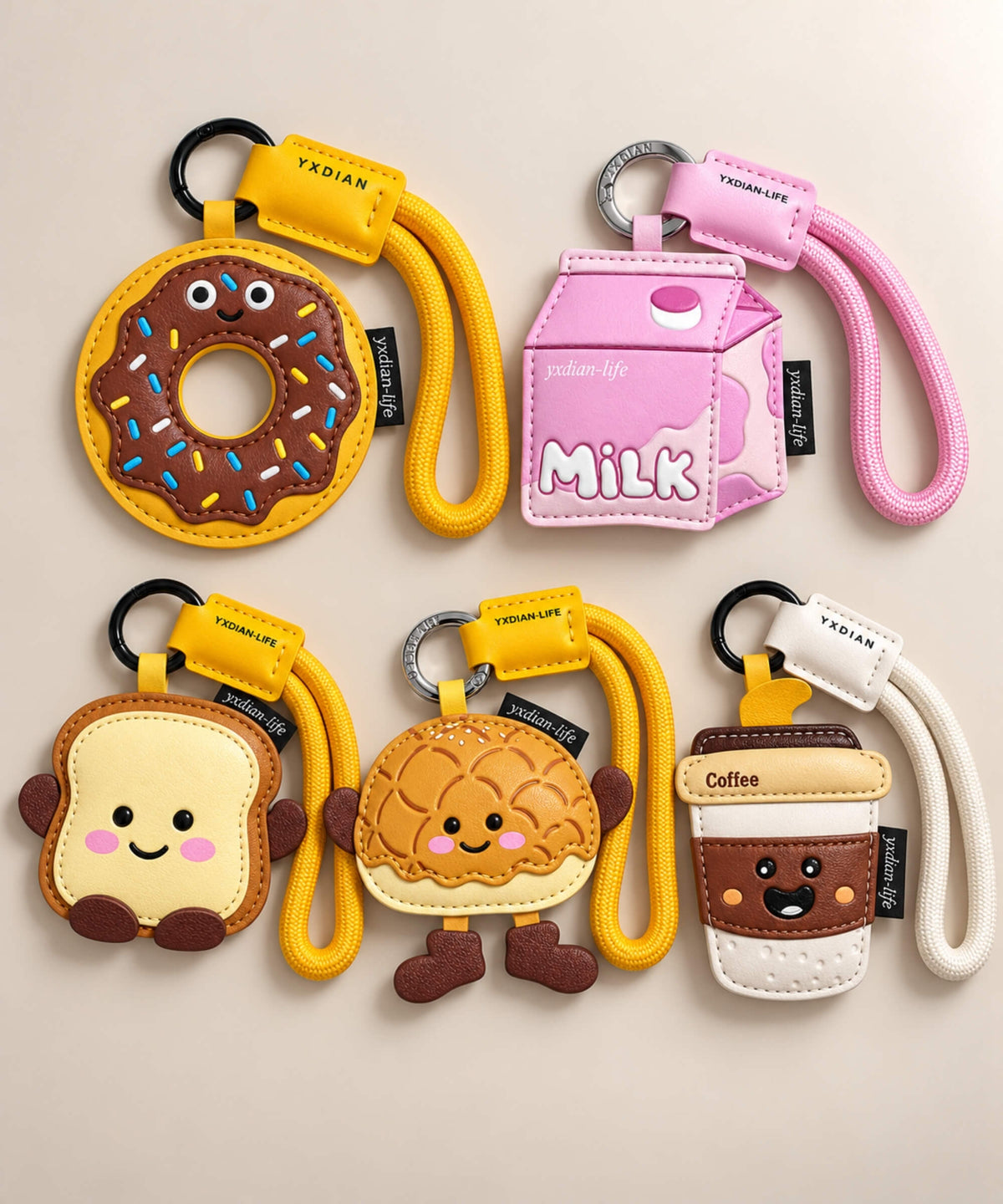 Cute food and drink PU leather bag charm keychains in five design