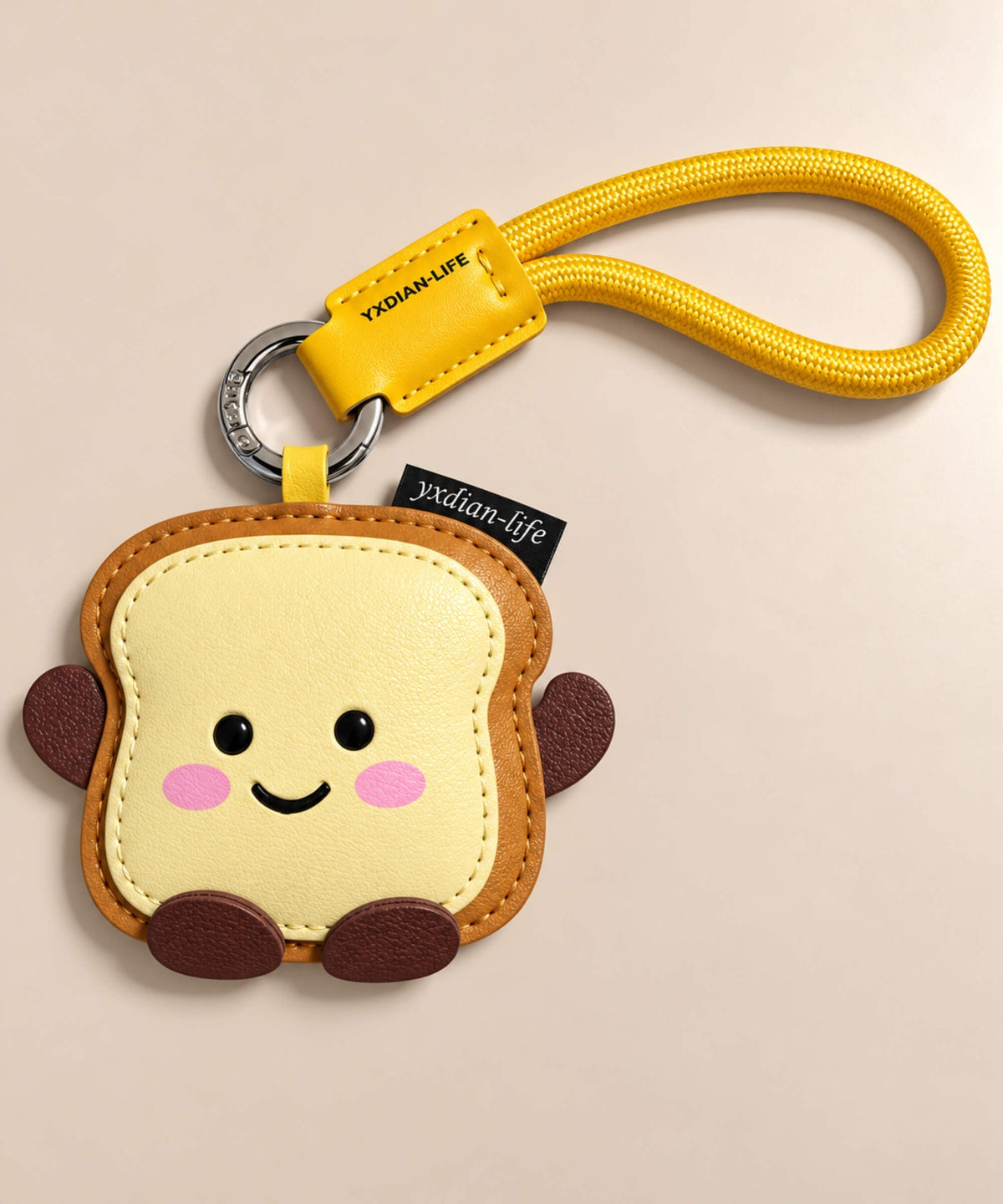 Butter Toast PU leather bag charm keychain with smiling face and yellow rope loop