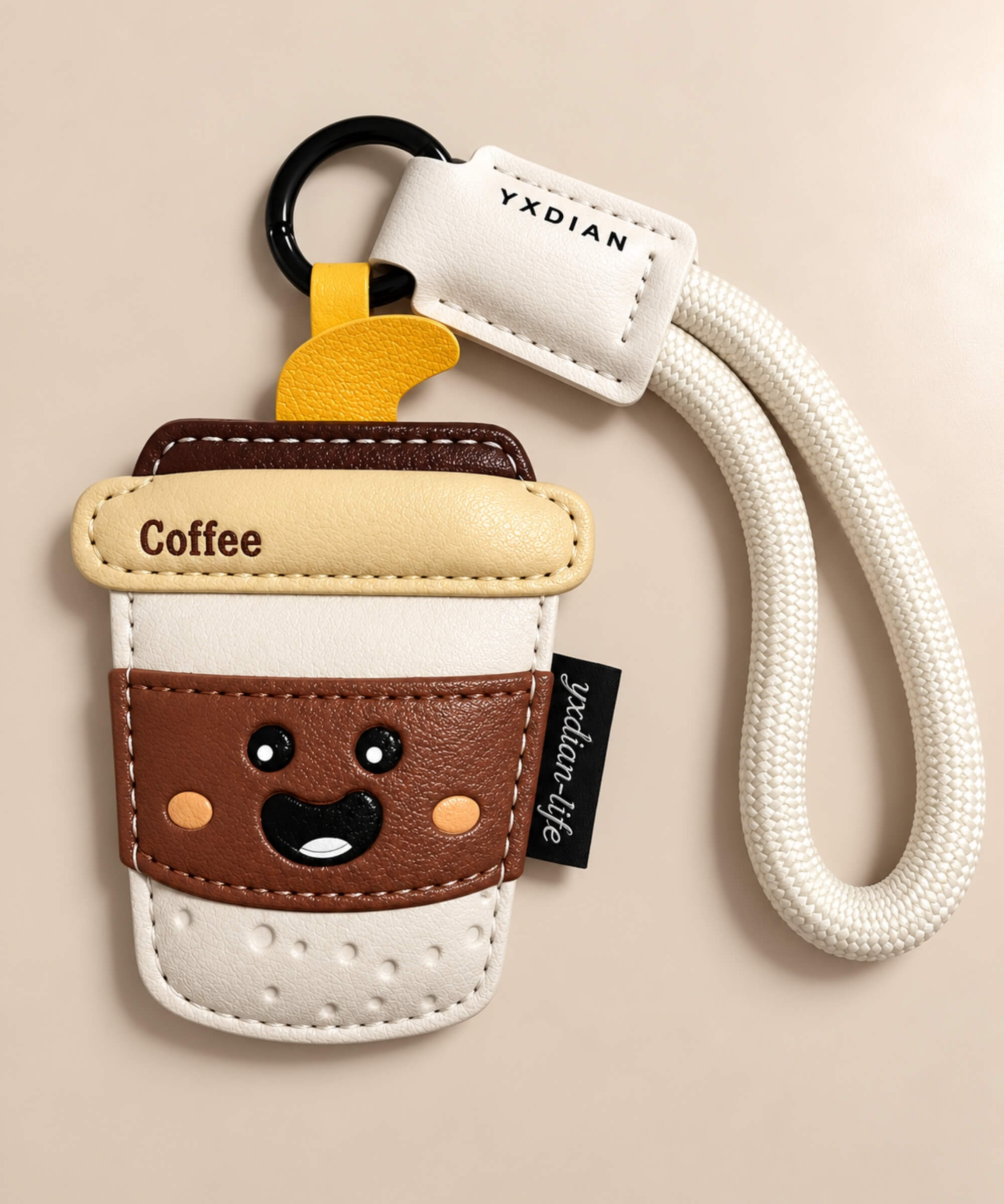 Coffee cup PU leather bag charm keychain with cream rope loop