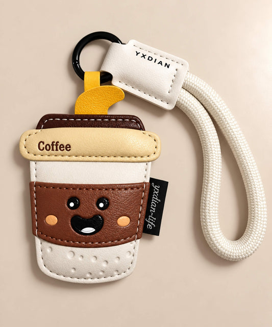 Coffee cup PU leather bag charm keychain with cream rope loop