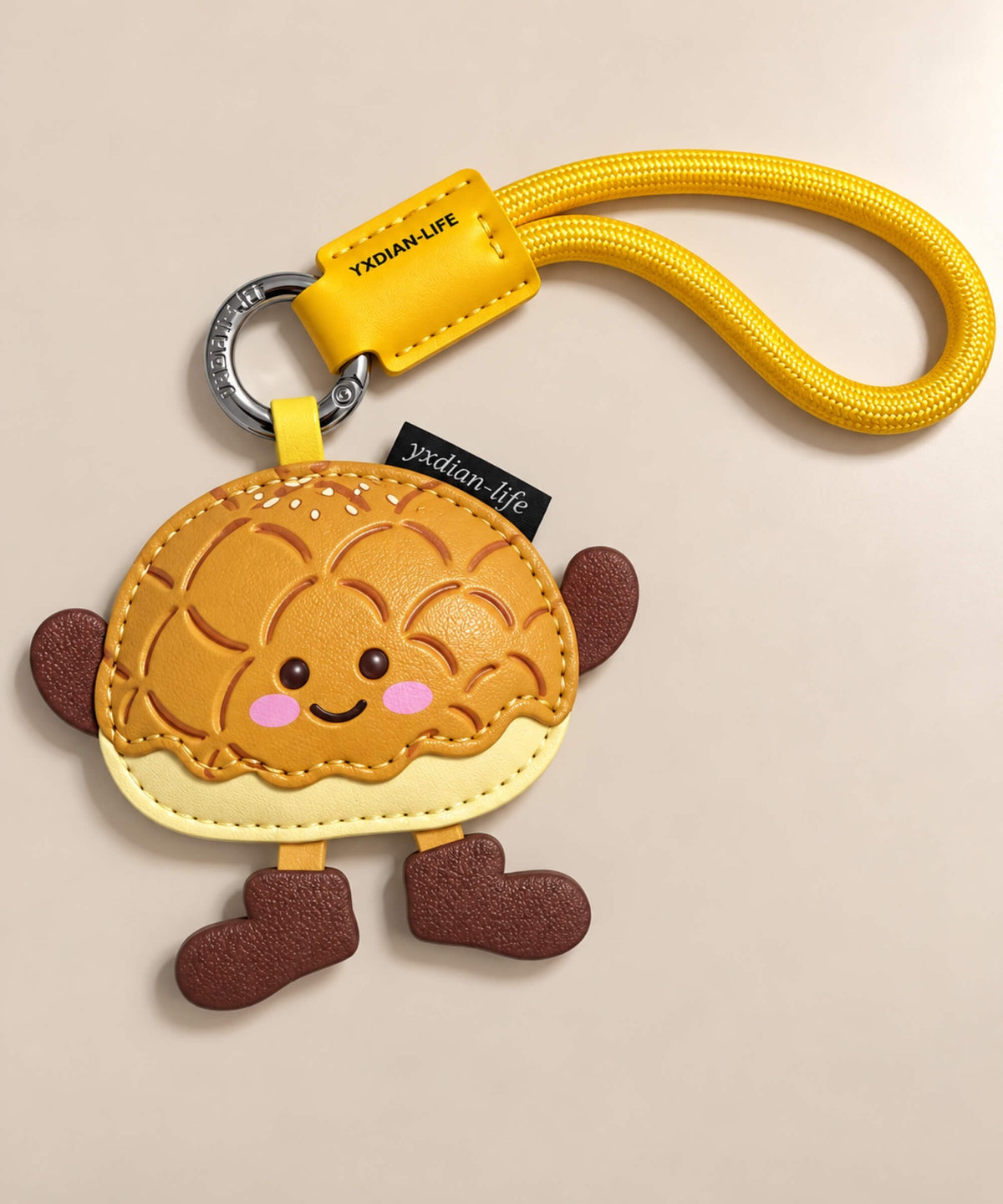 Pineapple Bun PU leather bag charm keychain with smiling face and yellow rope loop