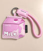 Strawberry Milk PU leather bag charm keychain with pink rope loop