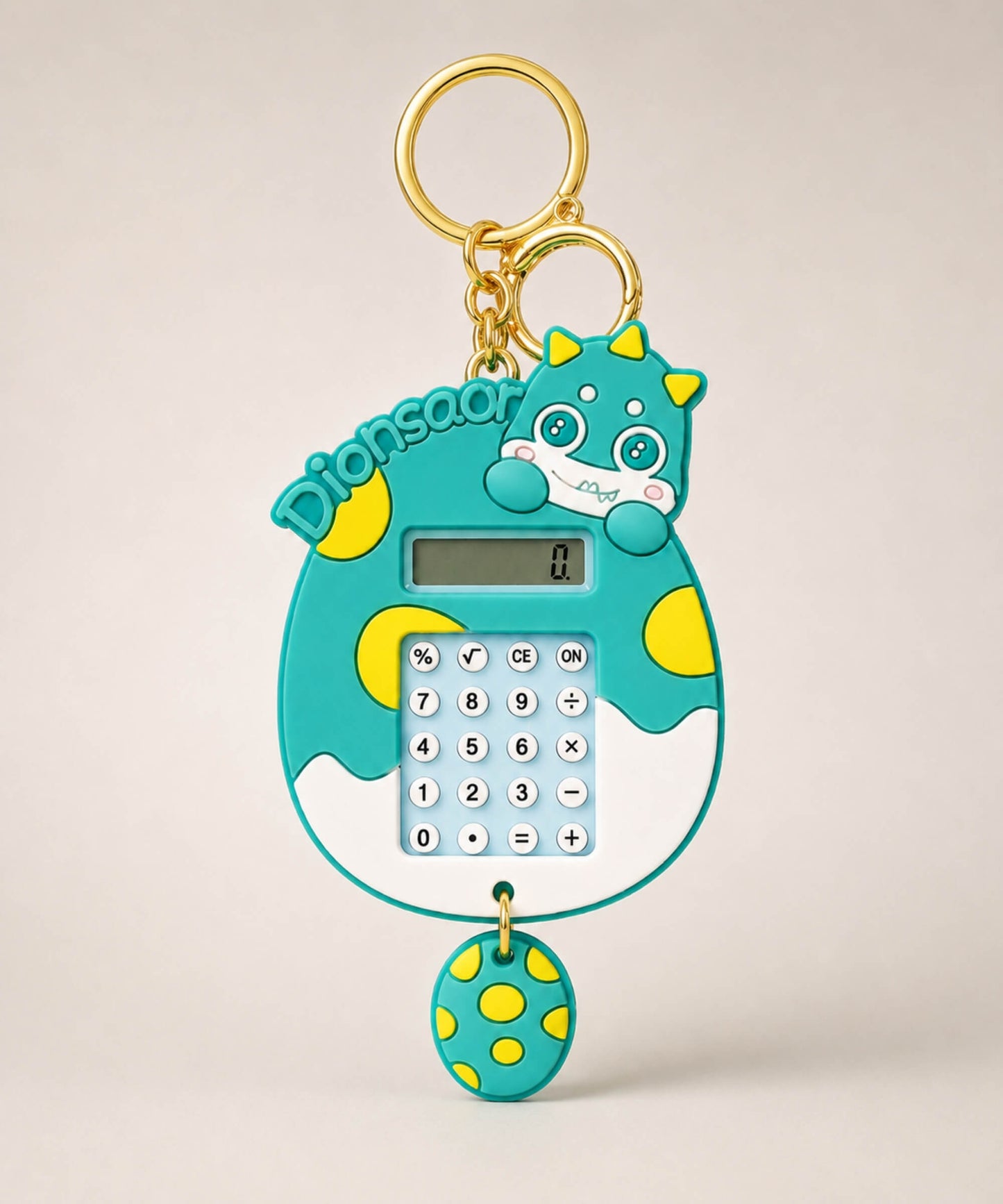 Green dinosaur calculator keychain with mini maze game and egg charm