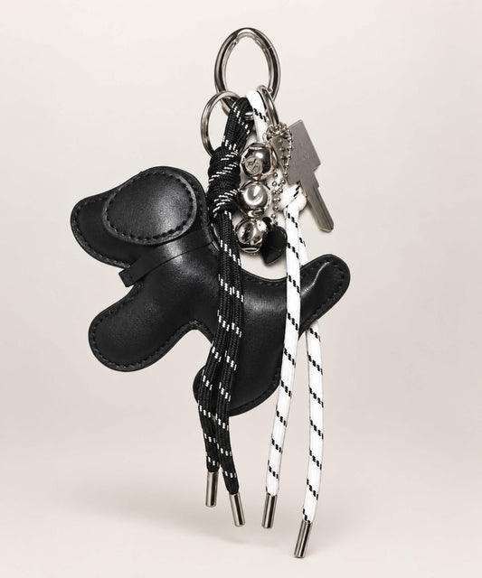 Black dog PU leather bag charm keychain with black and white rope cords and hanging charms
