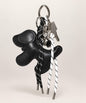Black dog PU leather bag charm keychain with black and white rope cords and hanging charms