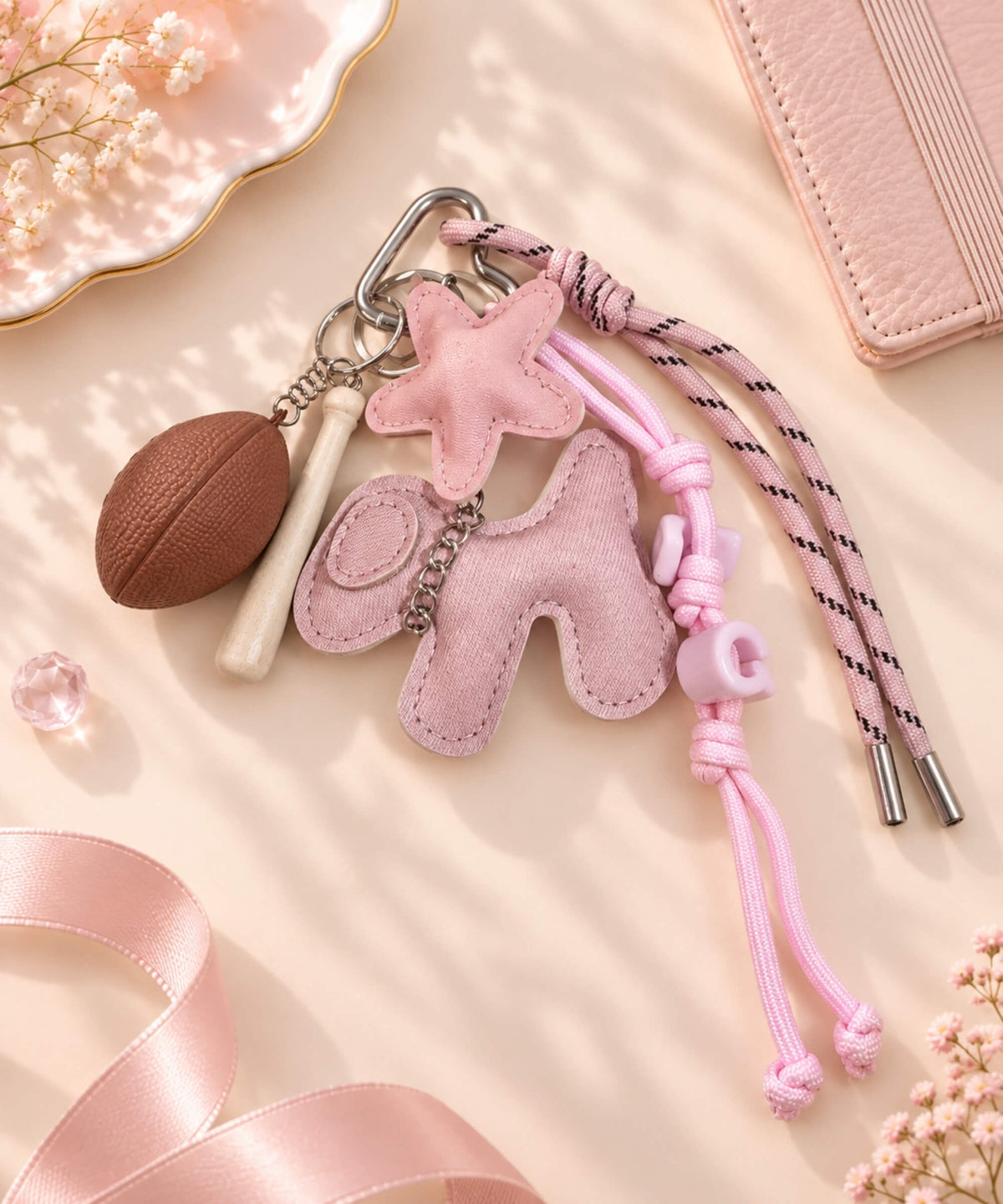Pink dog sports PU leather bag charm keychain styled on a soft pink background