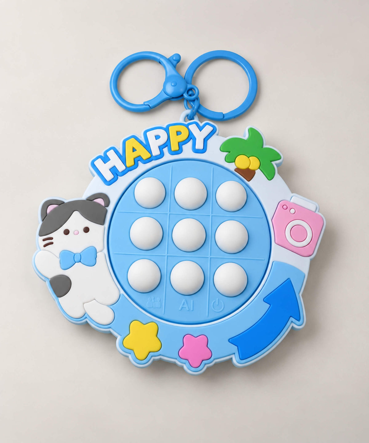 Blue Happy Cat electronic Tic Tac Toe game keychain with nine light-up buttons