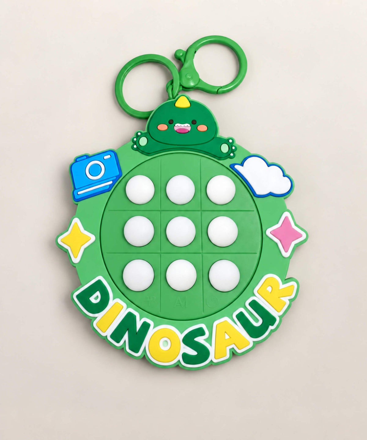 Green Dinosaur electronic Tic Tac Toe game keychain with nine light-up buttons