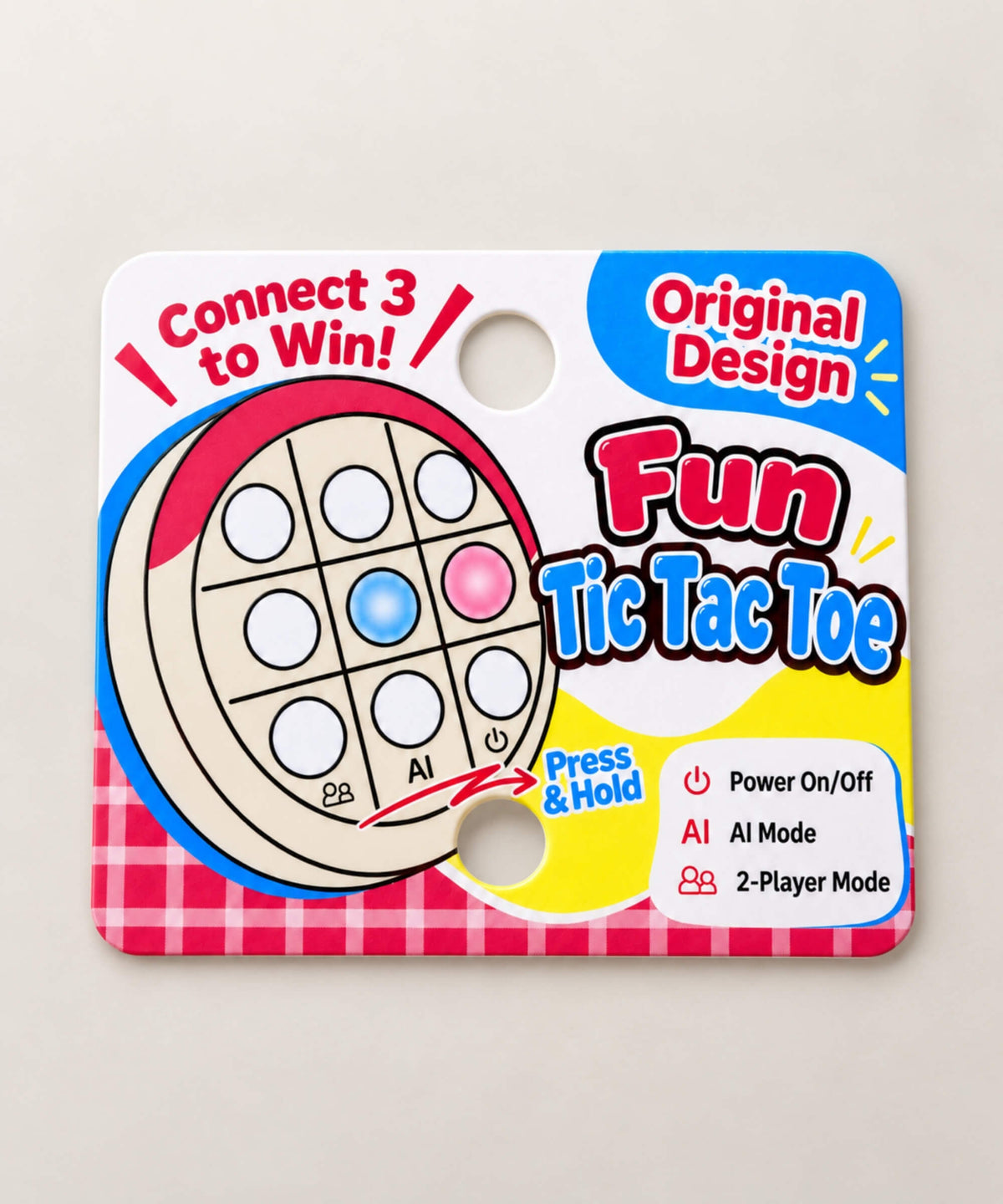 Electronic Tic Tac Toe game keychain instructions showing AI and 2-player modes