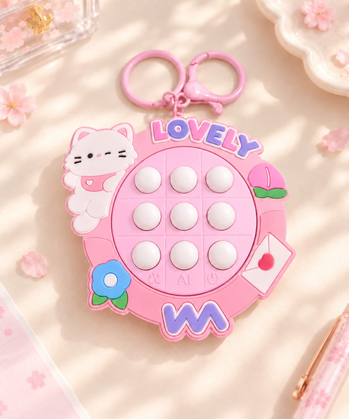 Pink Lovely Cat electronic Tic Tac Toe game keychain styled on a desk