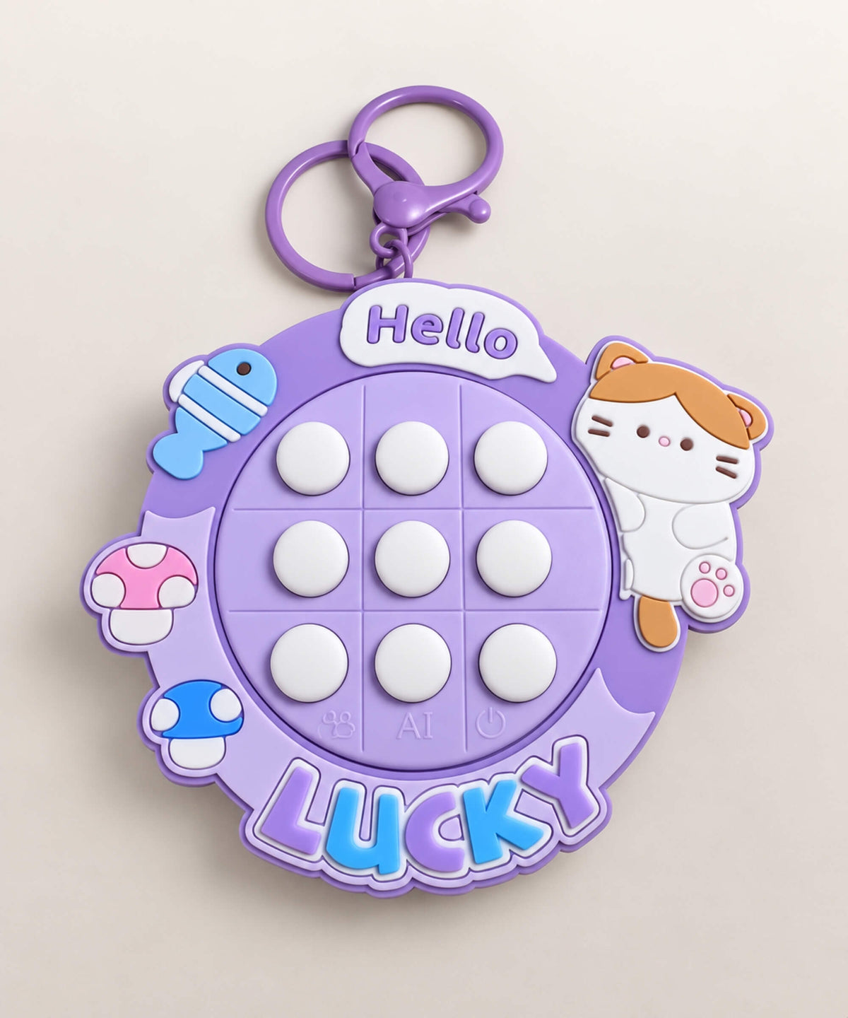 Purple Lucky Cat electronic Tic Tac Toe game keychain with nine light-up buttons