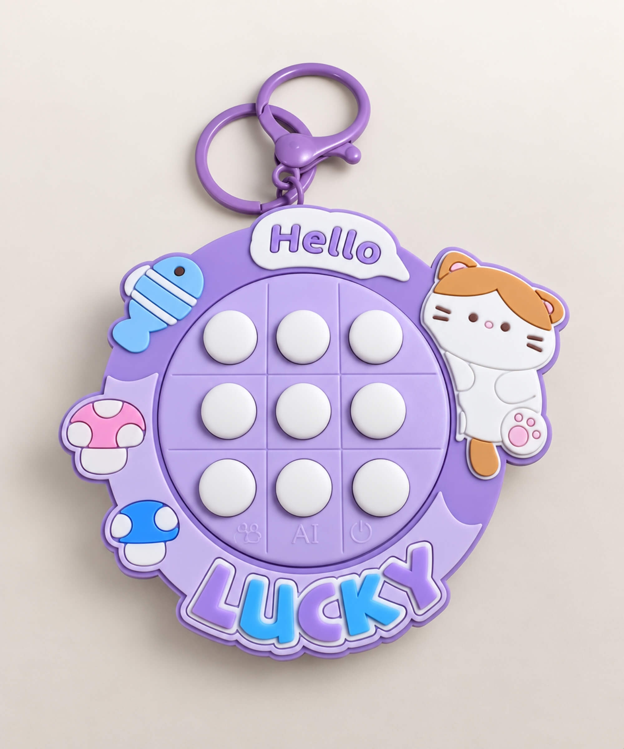 Purple Lucky Cat electronic Tic Tac Toe game keychain with nine light-up buttons