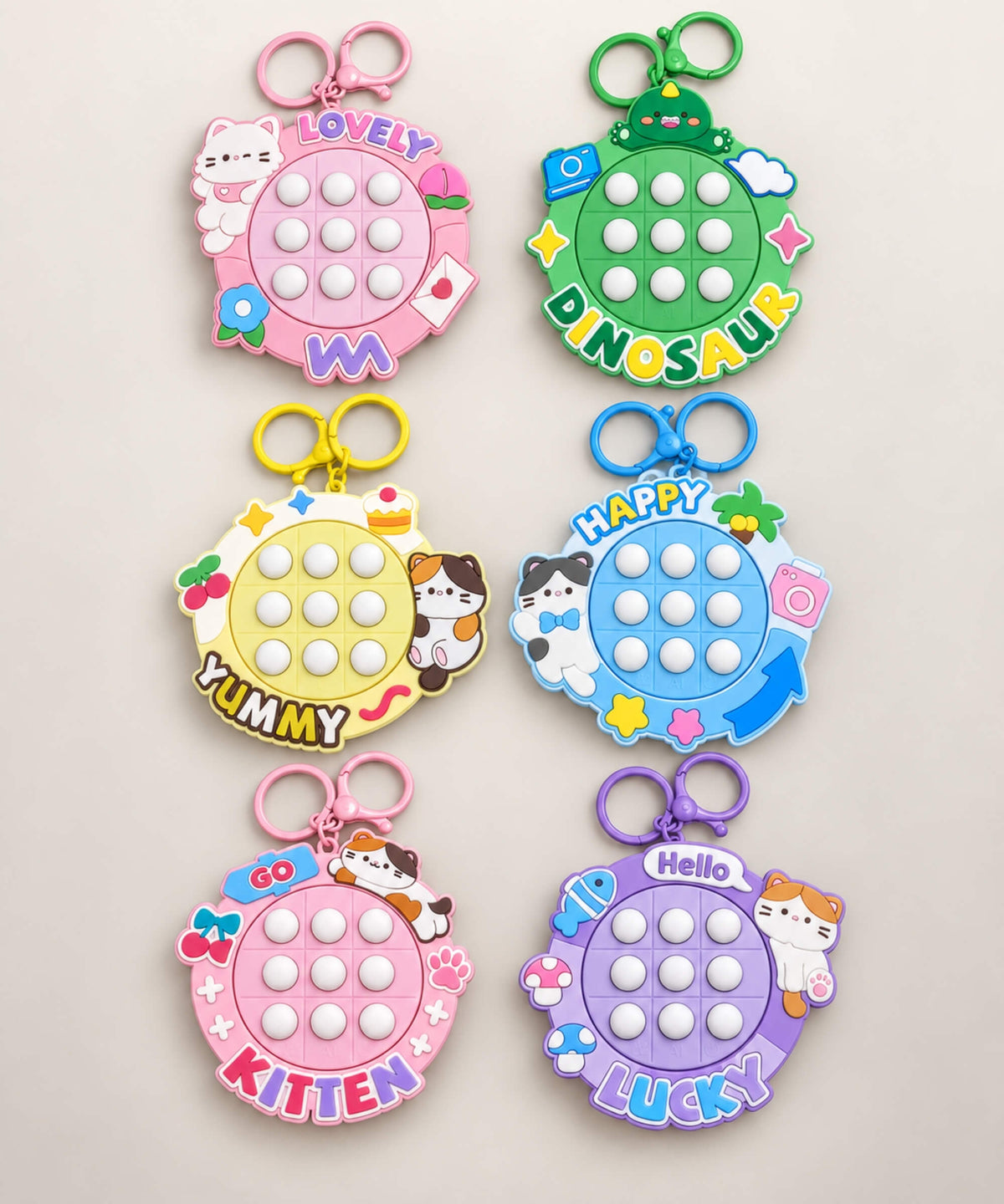 Six colourful electronic Tic Tac Toe game keychain designs