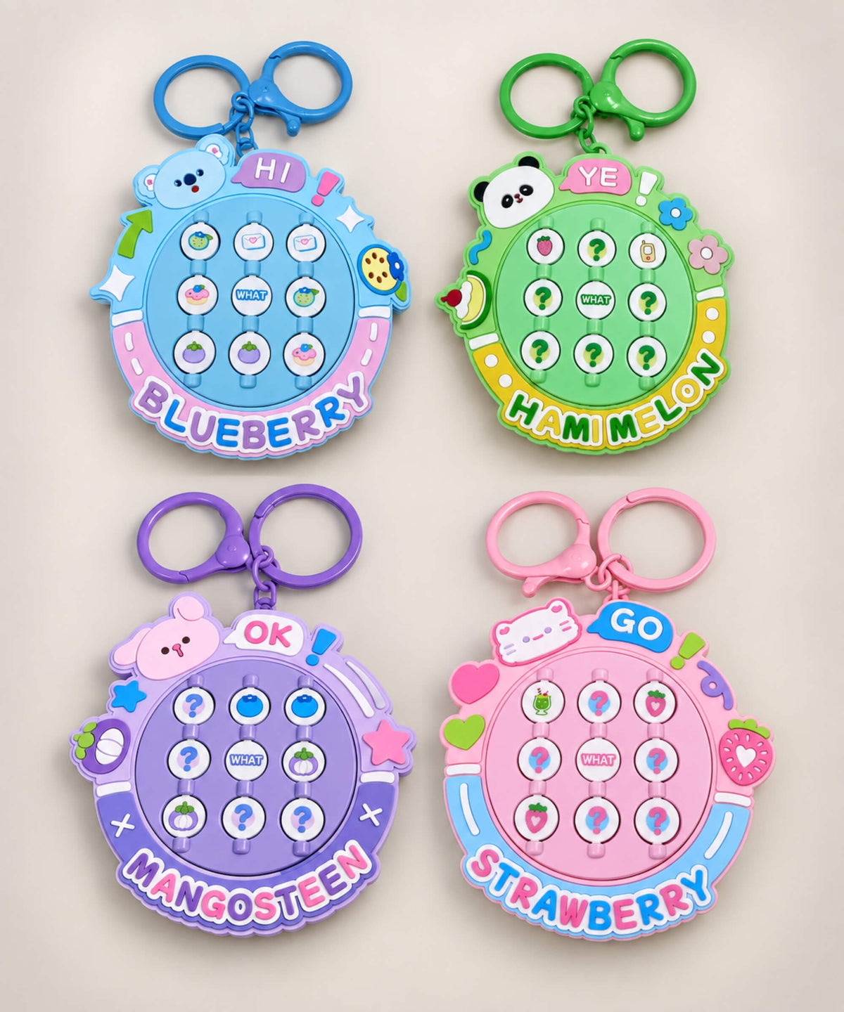 Blueberry Hami Melon Mangosteen and Strawberry Flip Matching Game Keychains