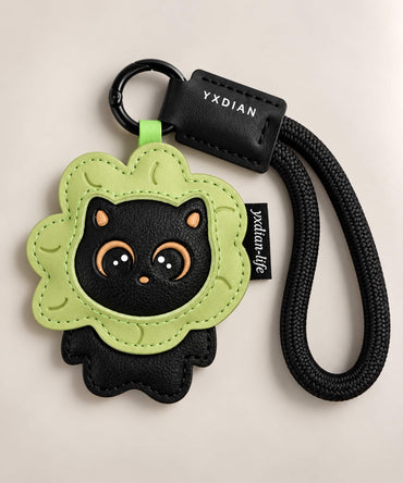 Black and green floral cat PU leather bag charm keychain with black wrist loop