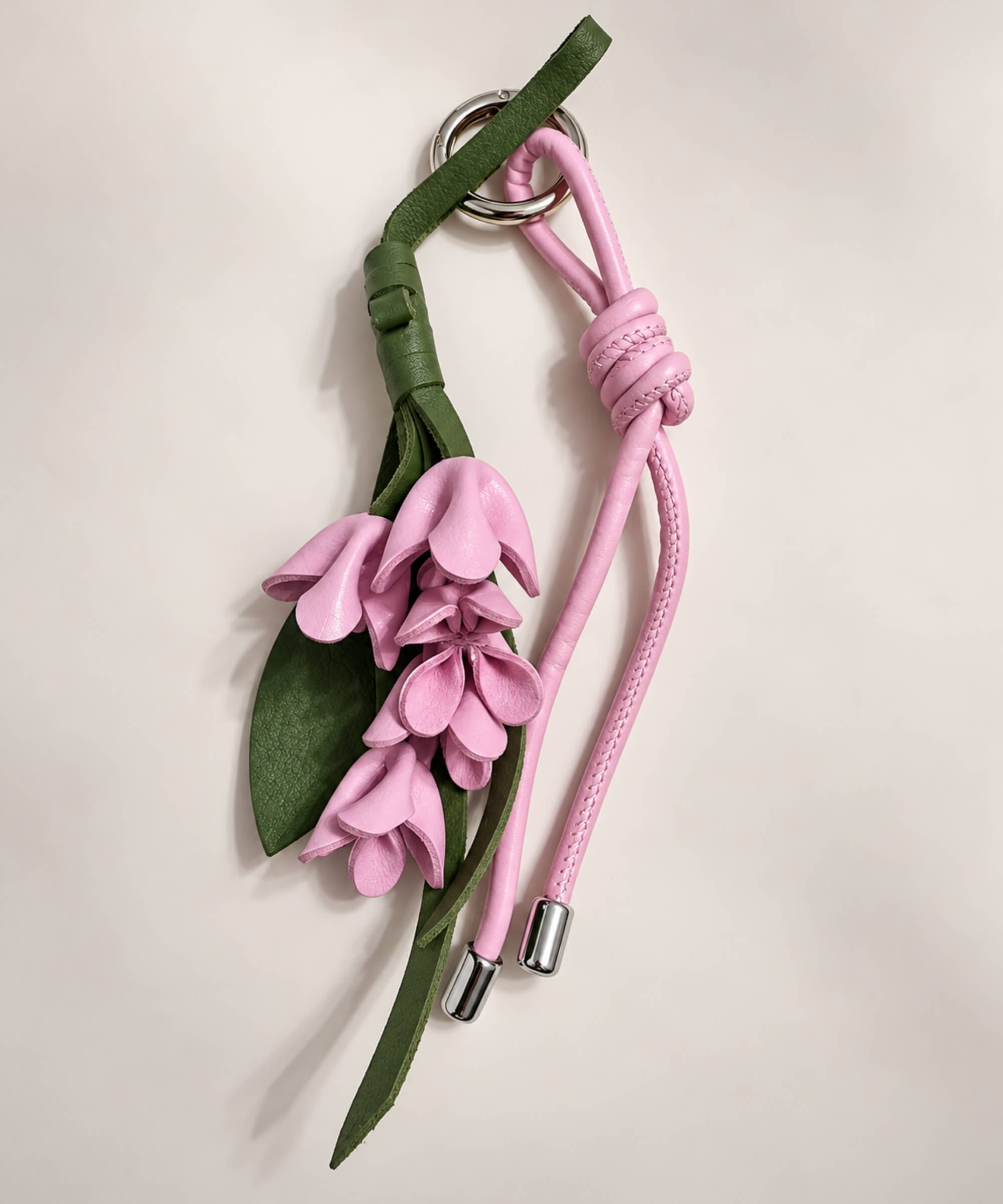 ink floral PU leather bag charm keychain with layered hanging flowers