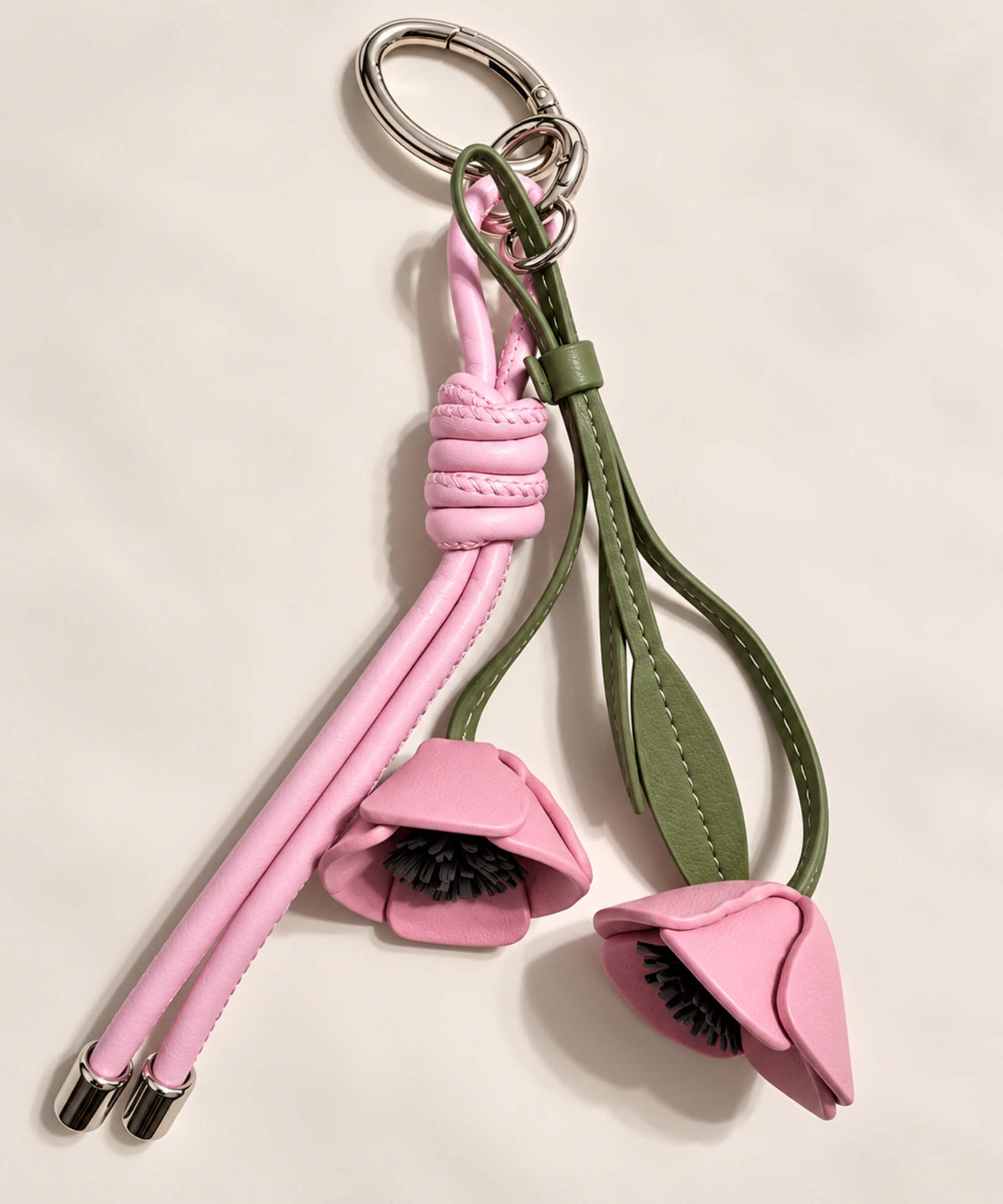 Pink Poppy PU leather-look bag charm keychain with green leaves and knotted cord