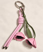 Pink Poppy PU leather-look bag charm keychain with green leaves and knotted cord