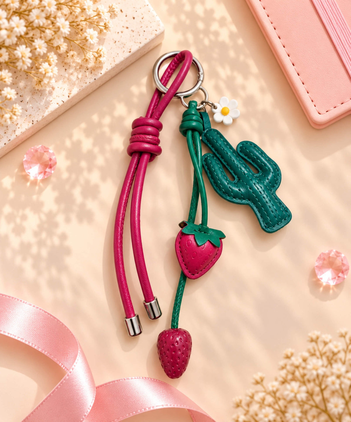 Strawberry Cactus PU leather-look bag charm keychain with green cactus and strawberry charms
