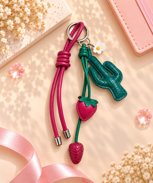 Strawberry Cactus PU leather-look bag charm keychain with green cactus and strawberry charms