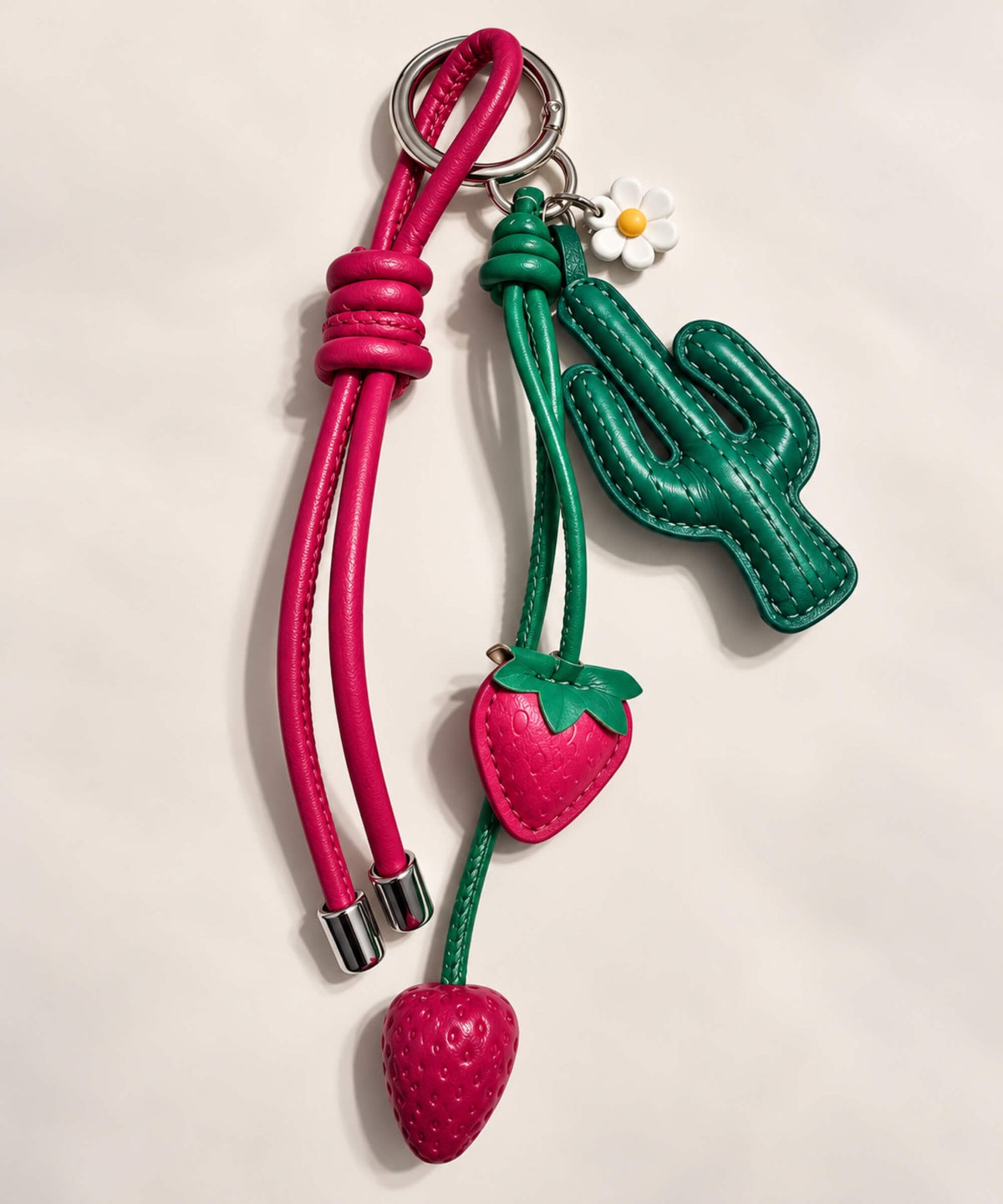 Strawberry Cactus PU leather-look bag charm keychain with pink cord and green cactus detail