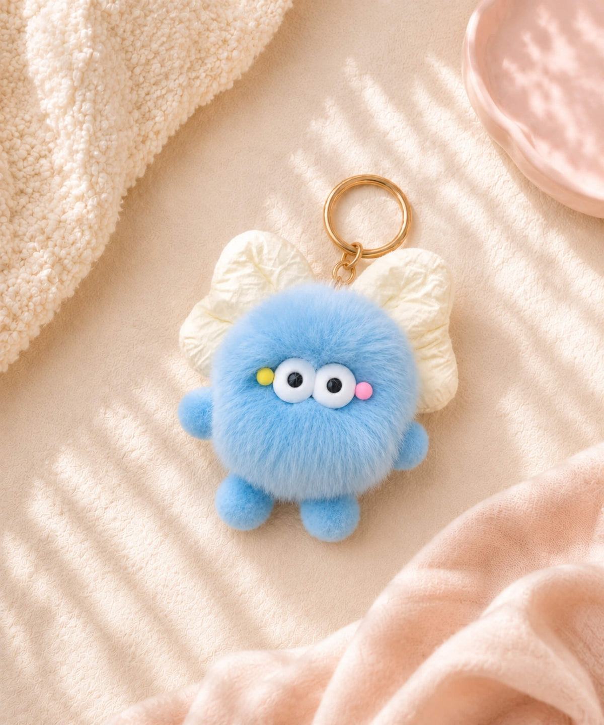 Blue fluffy bow plush keychain with gold-tone keyring on soft cream and peach fabric background
