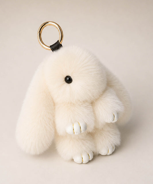 Beige fluffy bunny plush keychain with floppy ears and gold-tone keyring