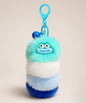Blue fluffy caterpillar plush keychain with aqua, white, light blue and deep blue layers