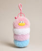 Pink fluffy caterpillar plush keychain with pink, white and light blue layers