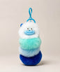 White fluffy caterpillar plush keychain with white, mint, blue and navy layers