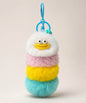Yellow fluffy caterpillar plush keychain with cream, pink, yellow and aqua layers