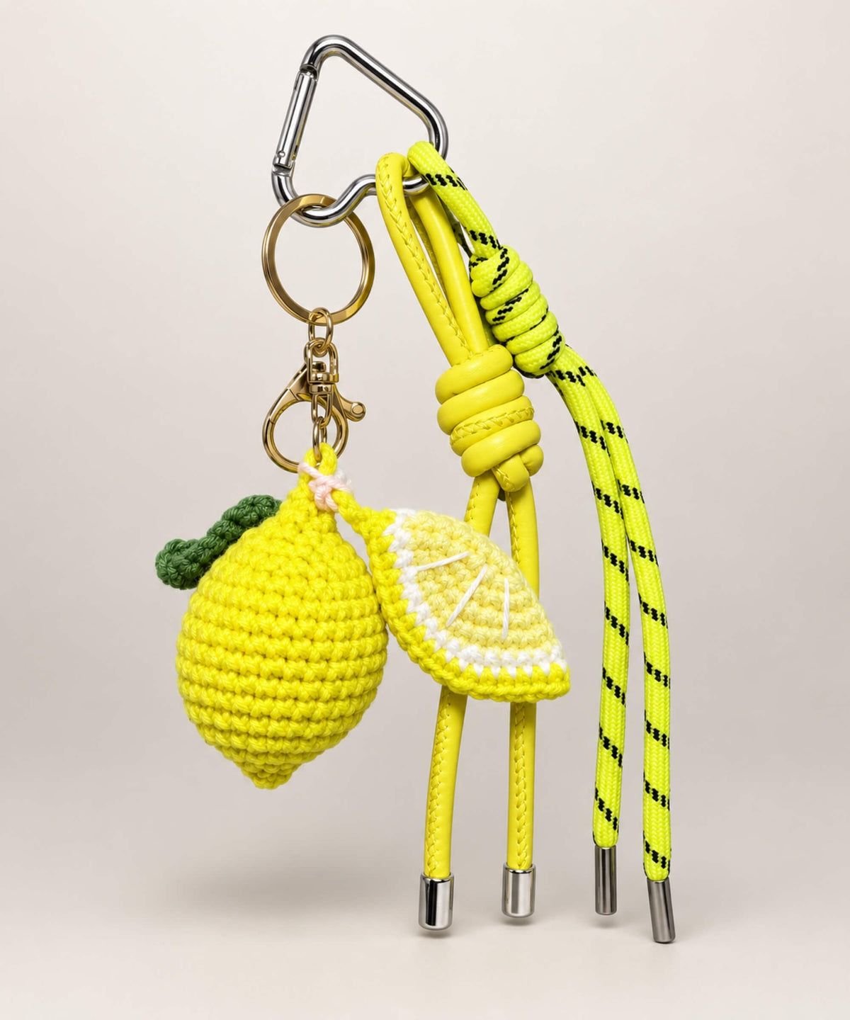 Lemon fruit and veg crochet keychain with yellow and green hanging cords