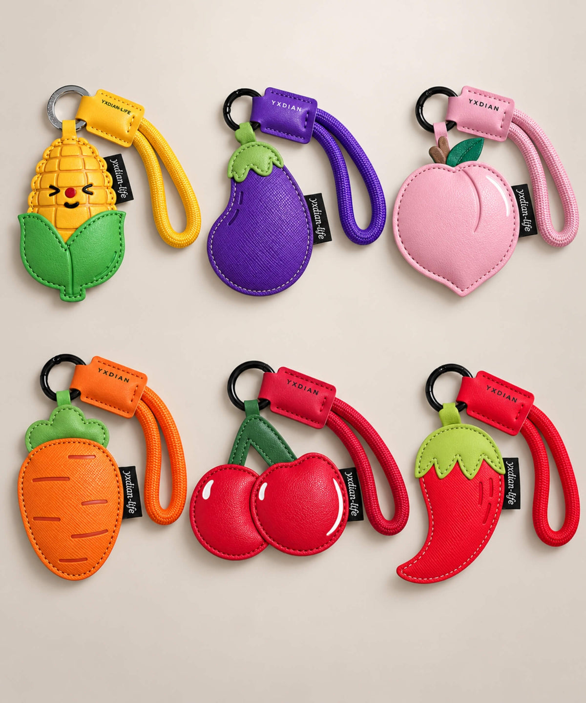 Fruit and vegetable PU leather bag charm keychains in six colourful designs