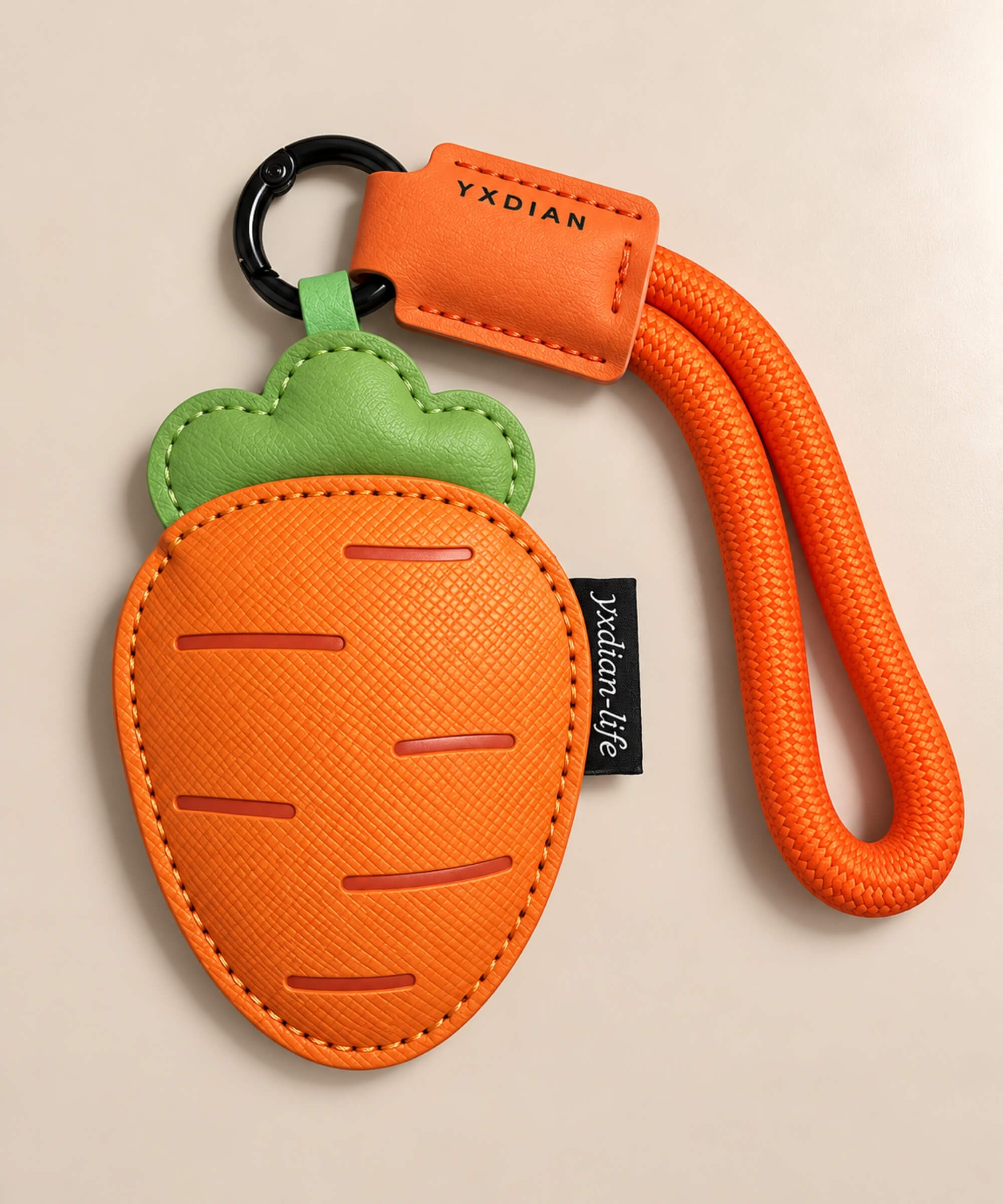 Orange carrot PU leather bag charm keychain with matching orange wrist loop