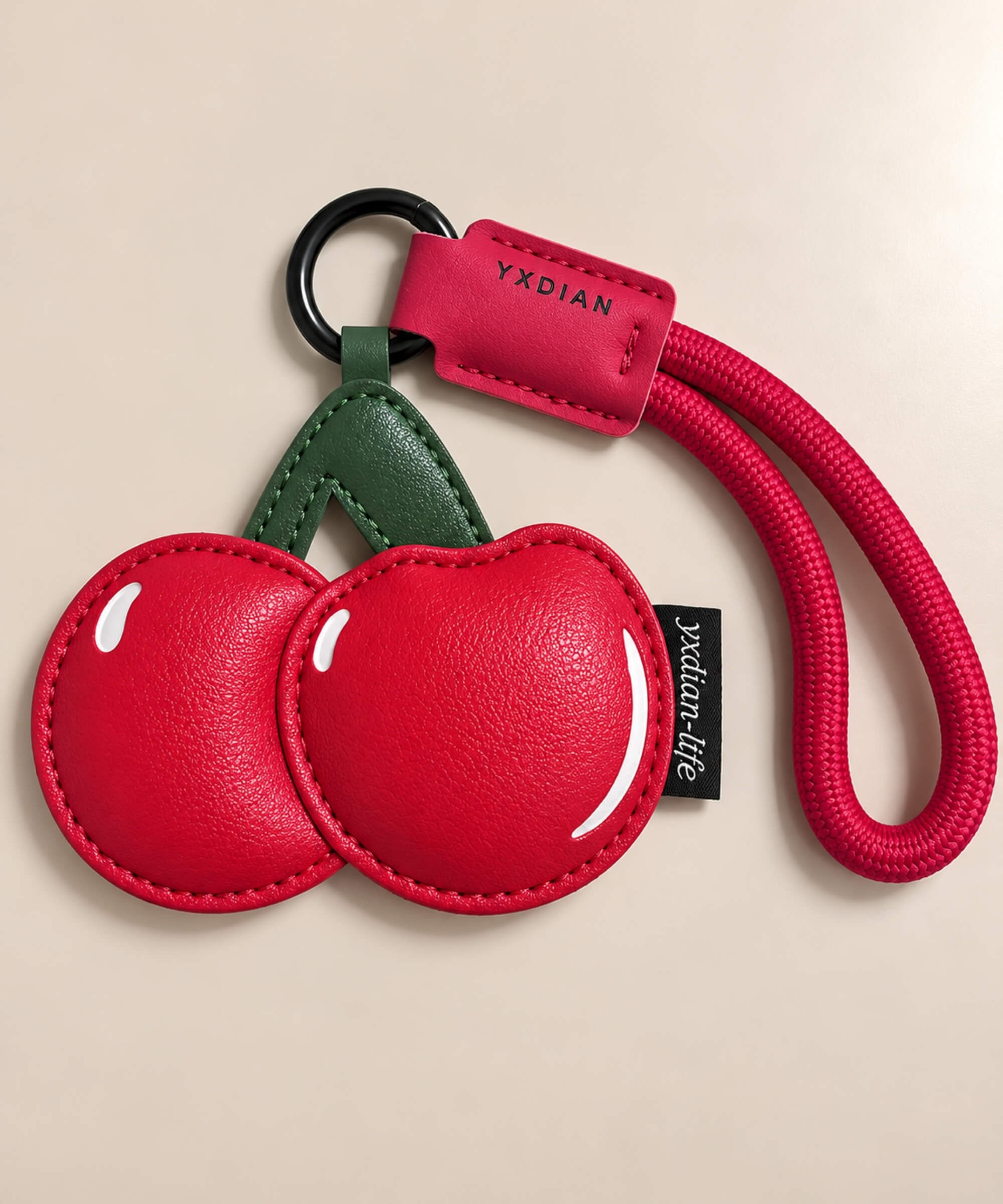 Red cherry PU leather bag charm keychain with double cherry design