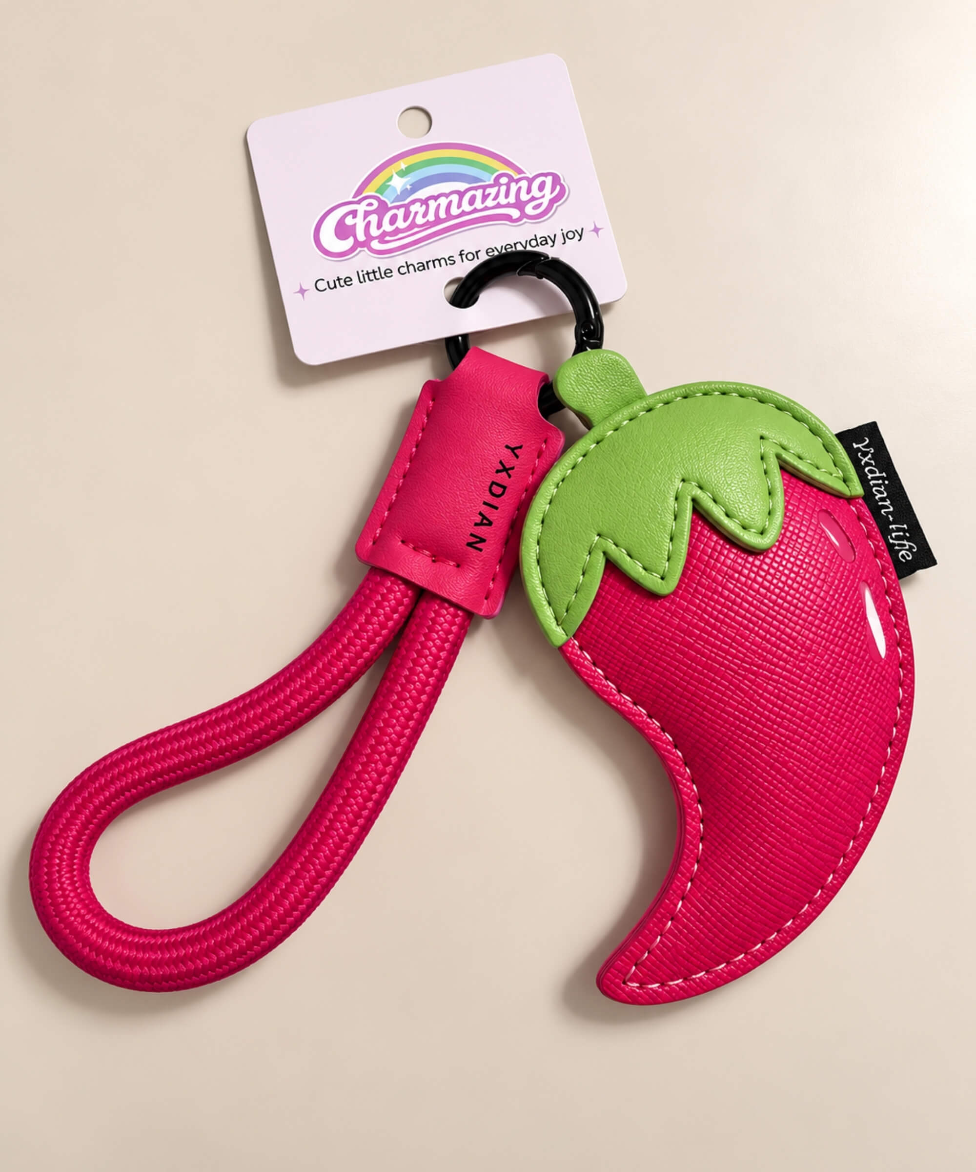 Red chilli PU leather bag charm keychain with green leaf top
