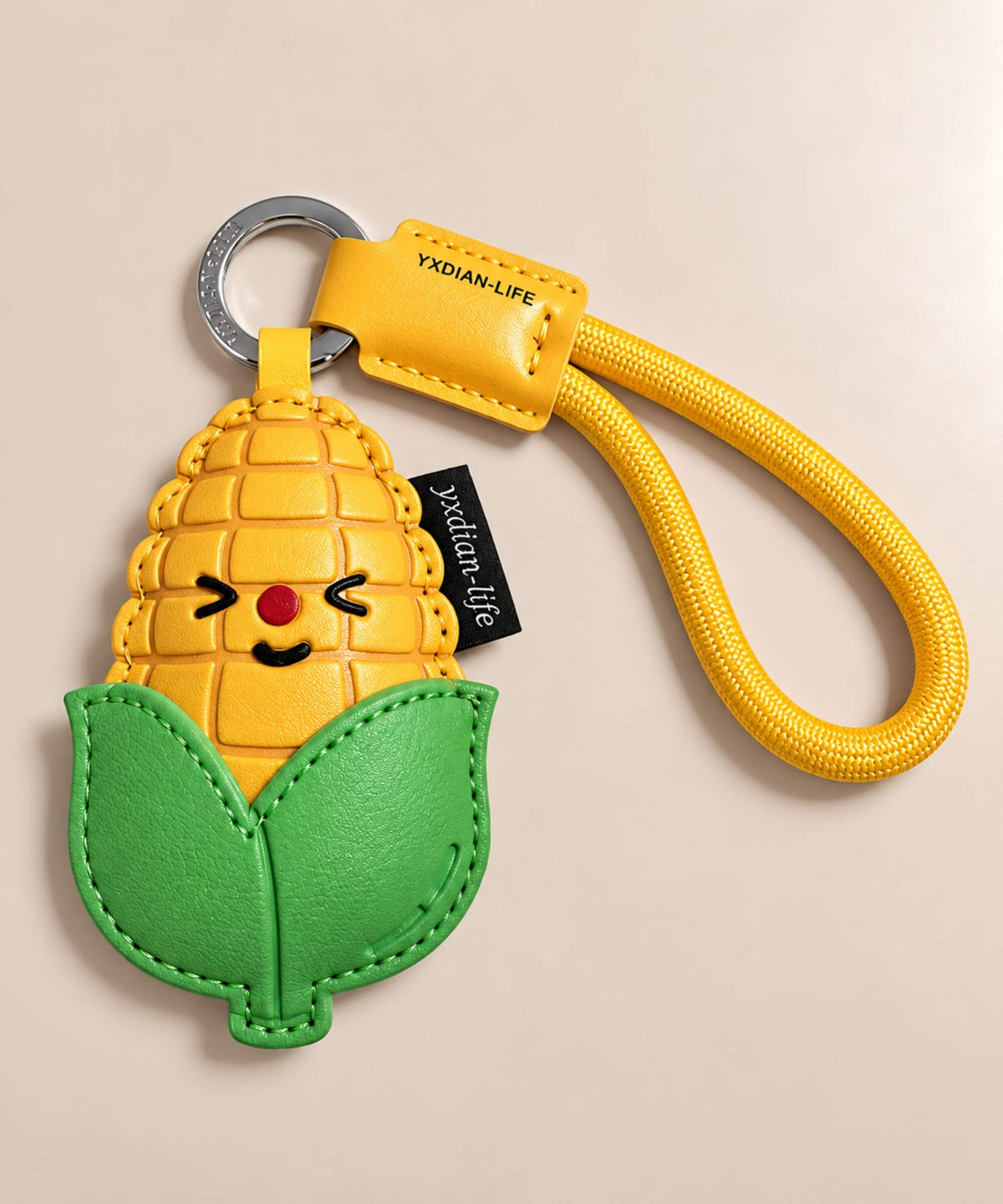 Yellow corn PU leather bag charm keychain with green leaves