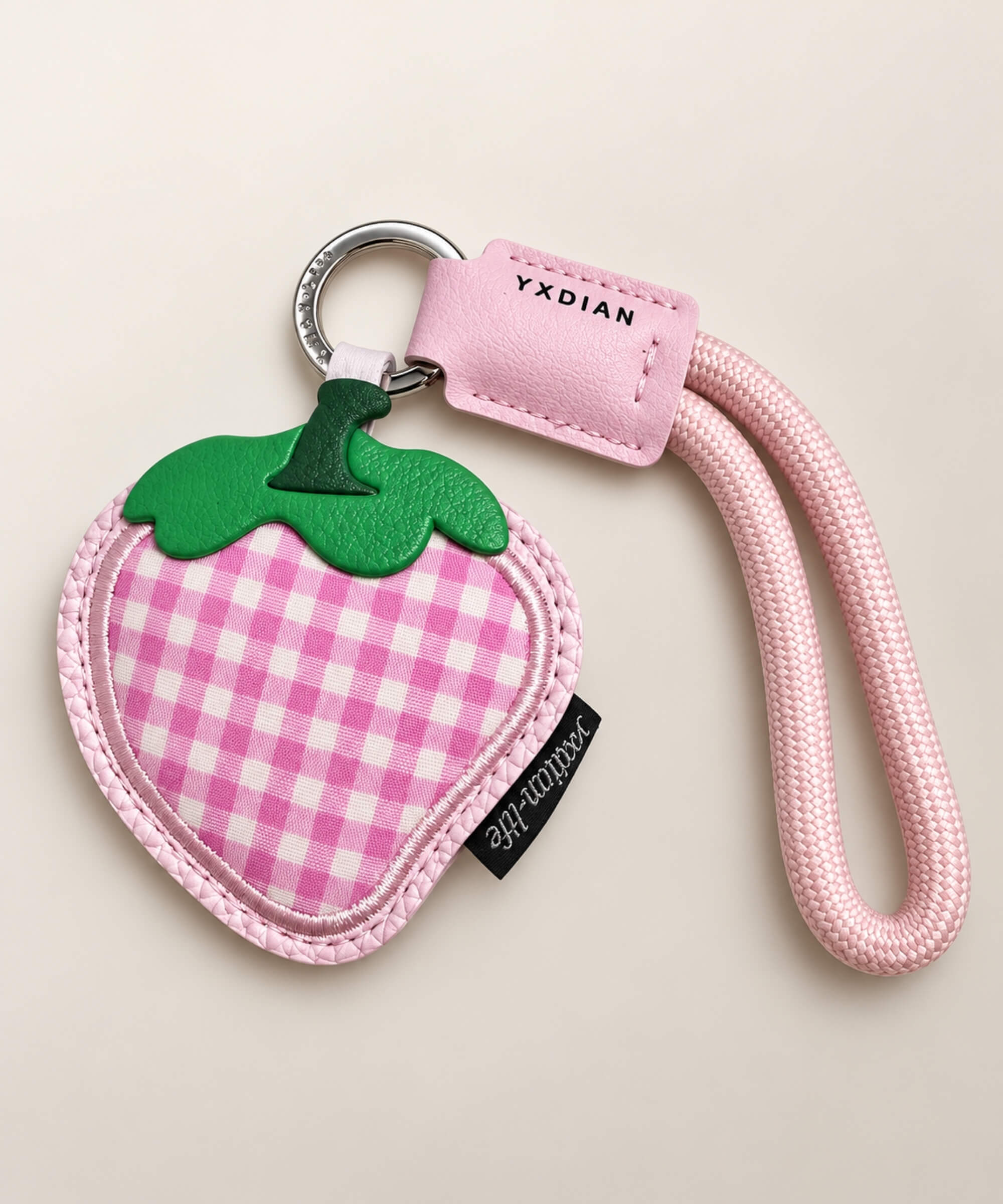 Pink gingham strawberry PU leather bag charm keychain with pink wrist loop