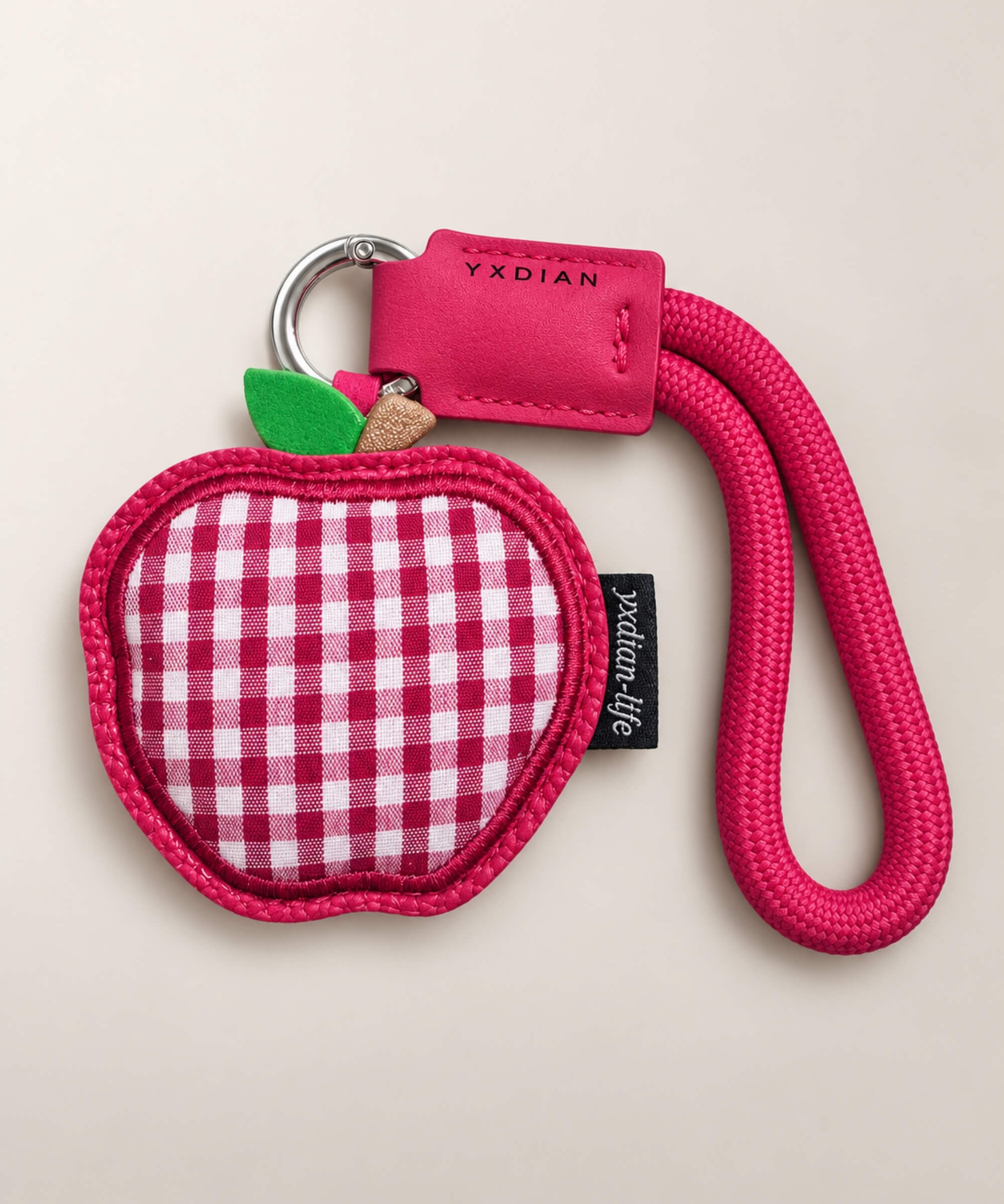 Red gingham apple PU leather bag charm keychain with red wrist loop