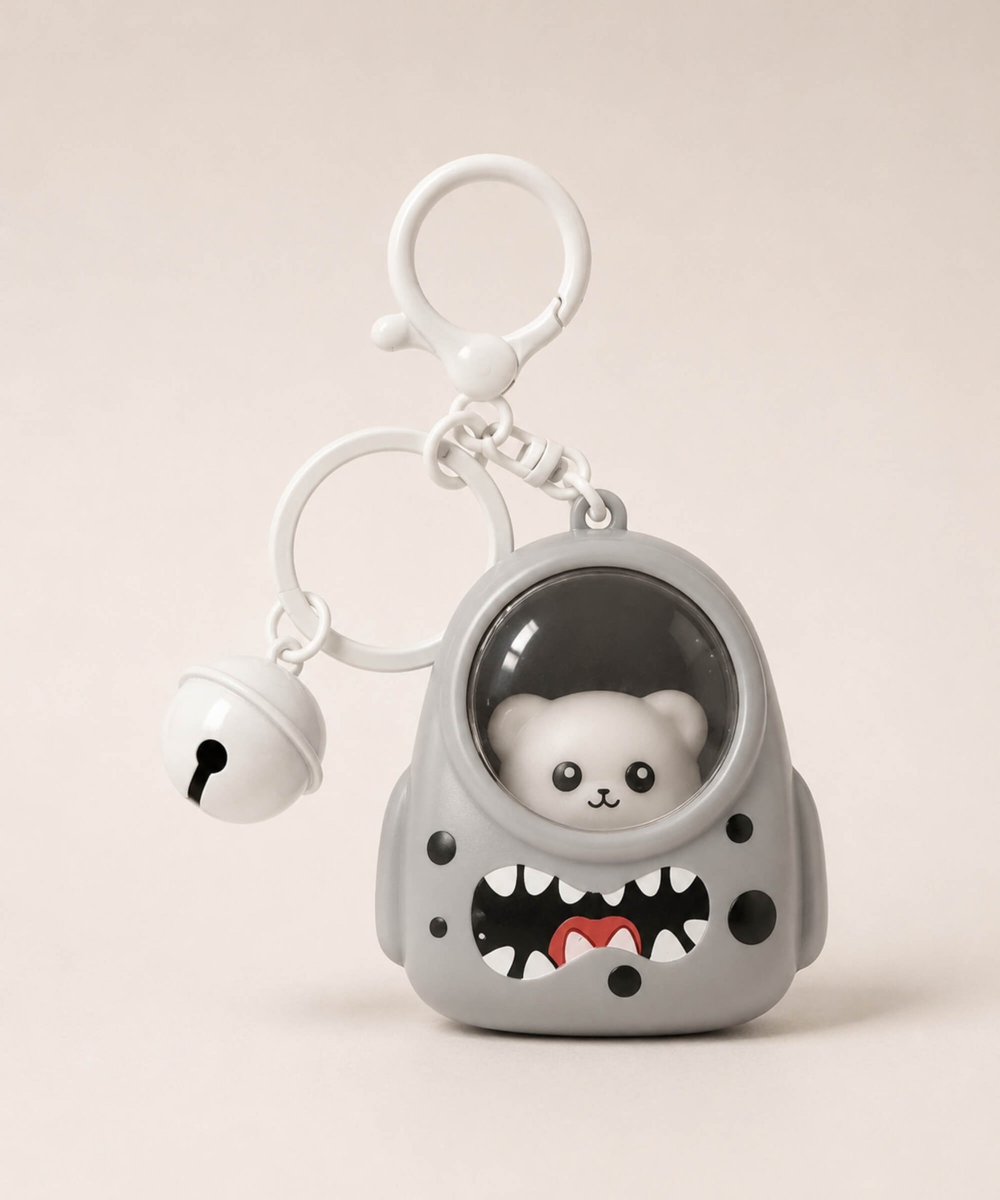 Grey cat light-up backpack keychain with white bell charm