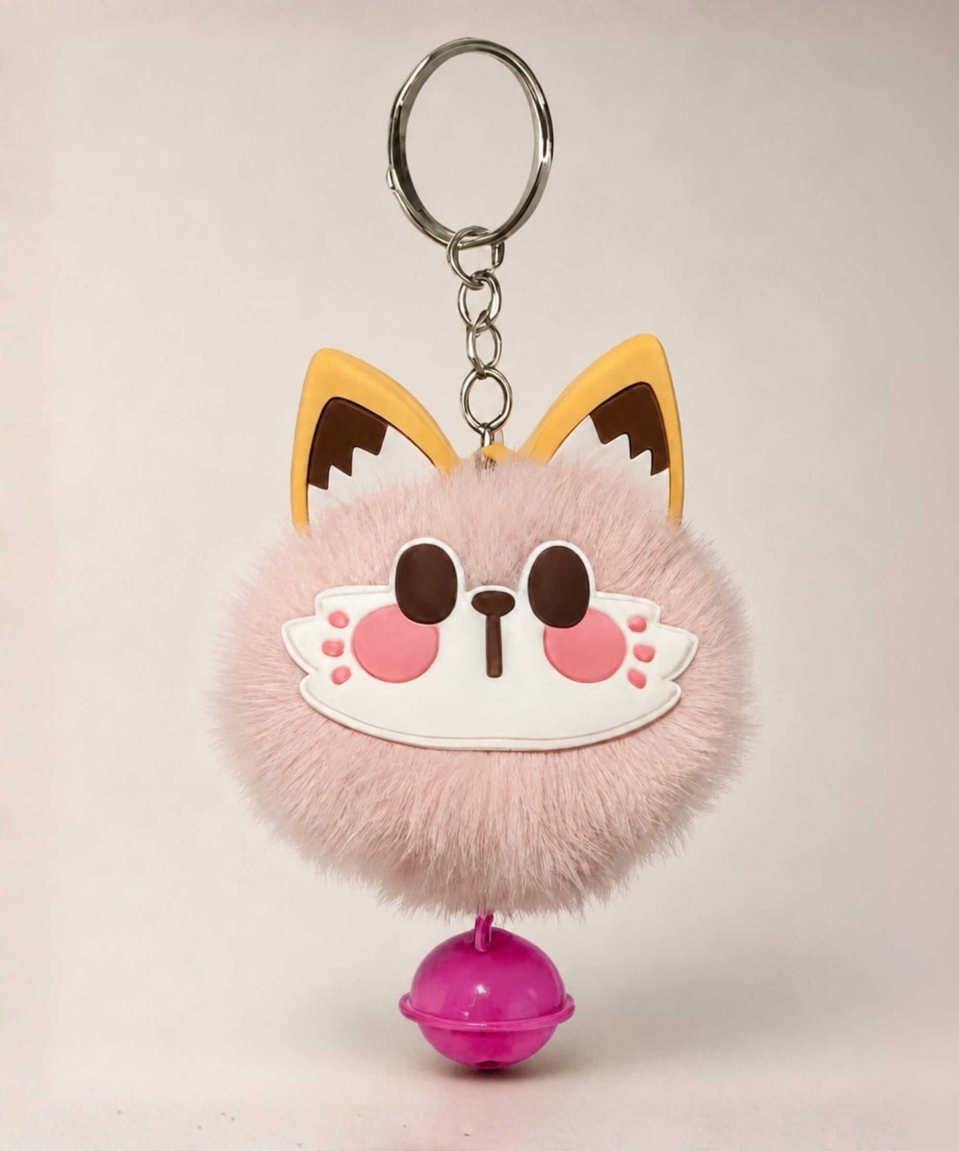 Pink lucky cat bell plush keychain with fluffy cat face charm and pink bell