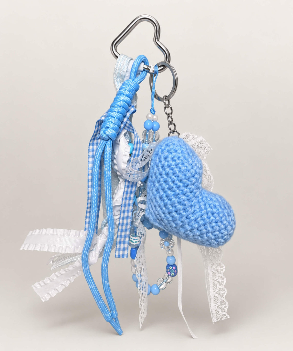 Blue heart crochet keychain with lace ribbon beads and blue hanging cords