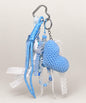 Blue heart crochet keychain with lace ribbon beads and blue hanging cords